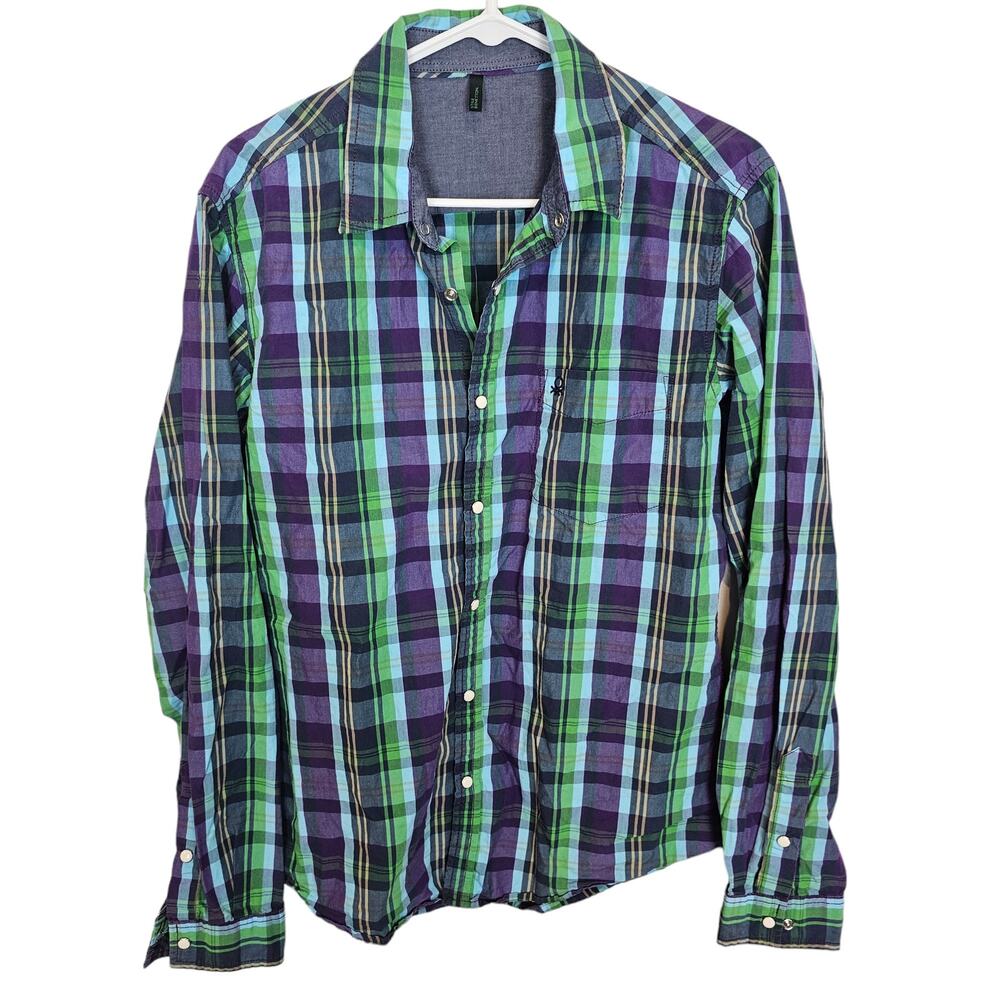Stile Benetton Pearl Snap Shirt Plaid Shirt Men L Purple Blue Green Casual Shirt